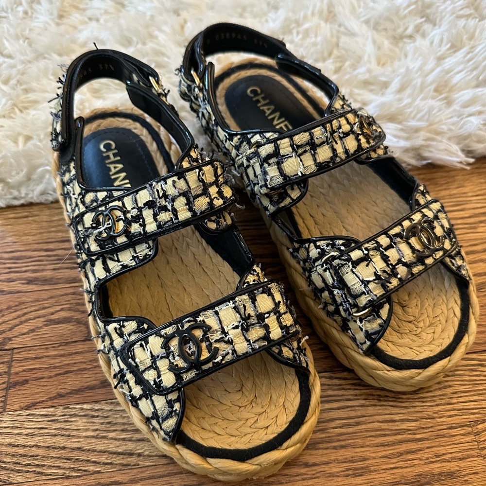 Chanel Black/Cream dad Sandals tweed